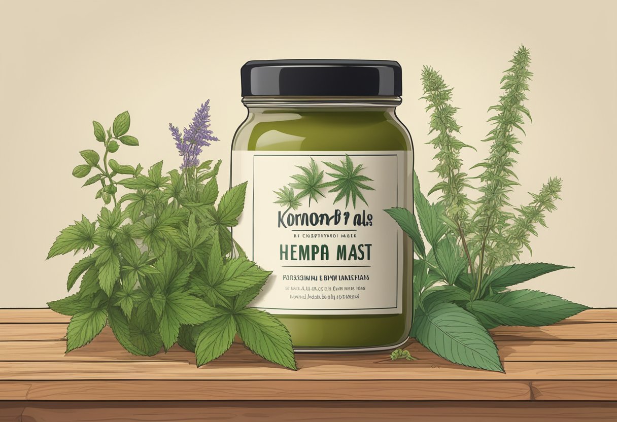 A jar of hemp balm sits on a wooden table, surrounded by various plants and herbs. The label on the jar prominently displays the words "konopná mast" in bold lettering
