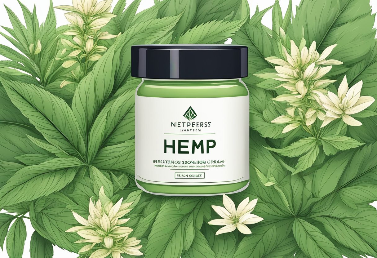 A jar of hemp cream surrounded by soothing green leaves and blooming hemp plants