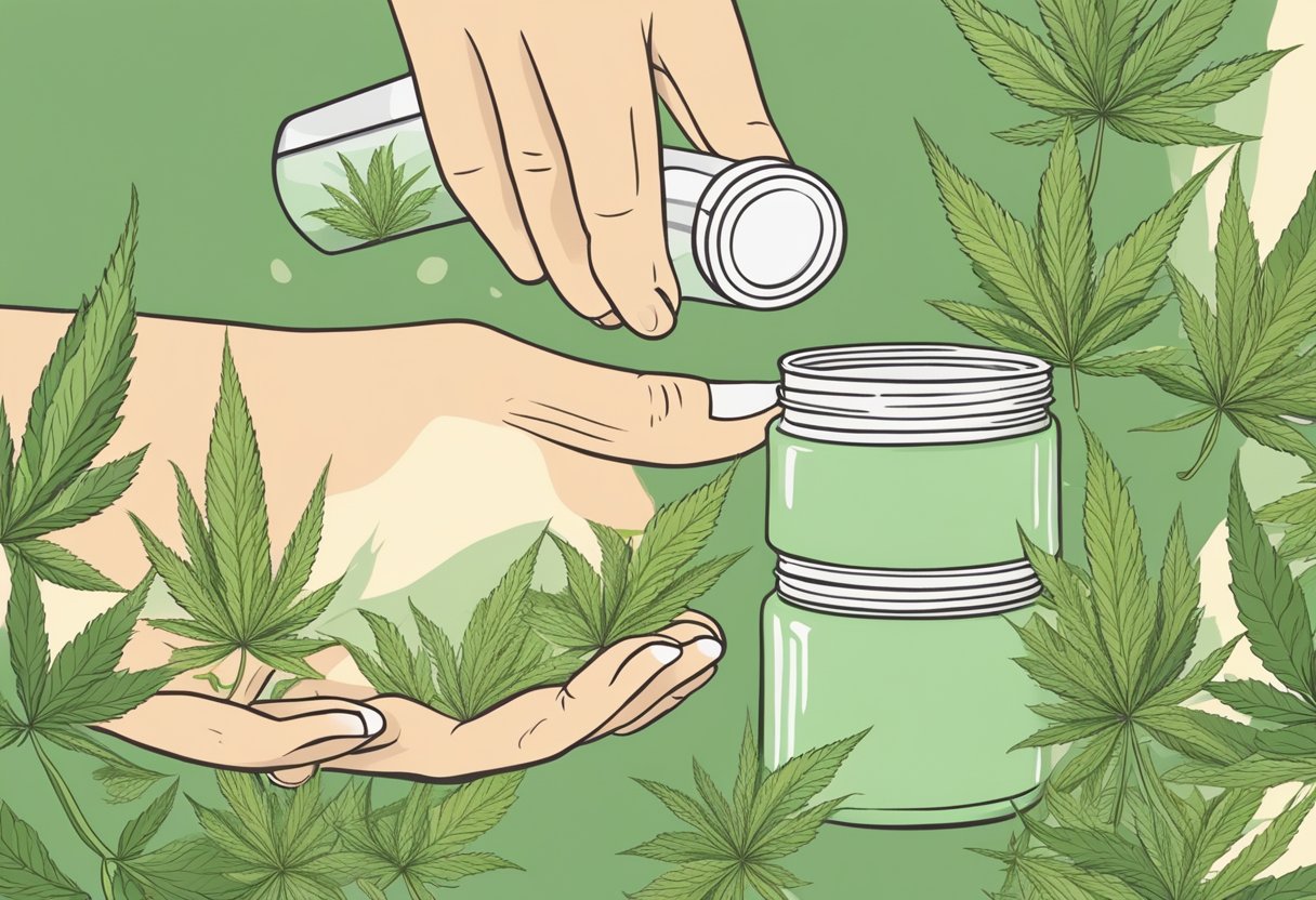A jar of hemp cream being applied to a hand, with a natural and soothing background of hemp plants and leaves
