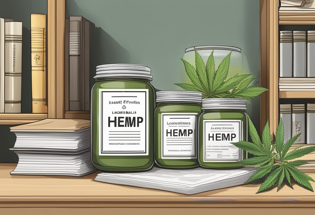 A jar of hemp balm sits on a shelf in a legislative office, surrounded by legal documents and books on hemp products