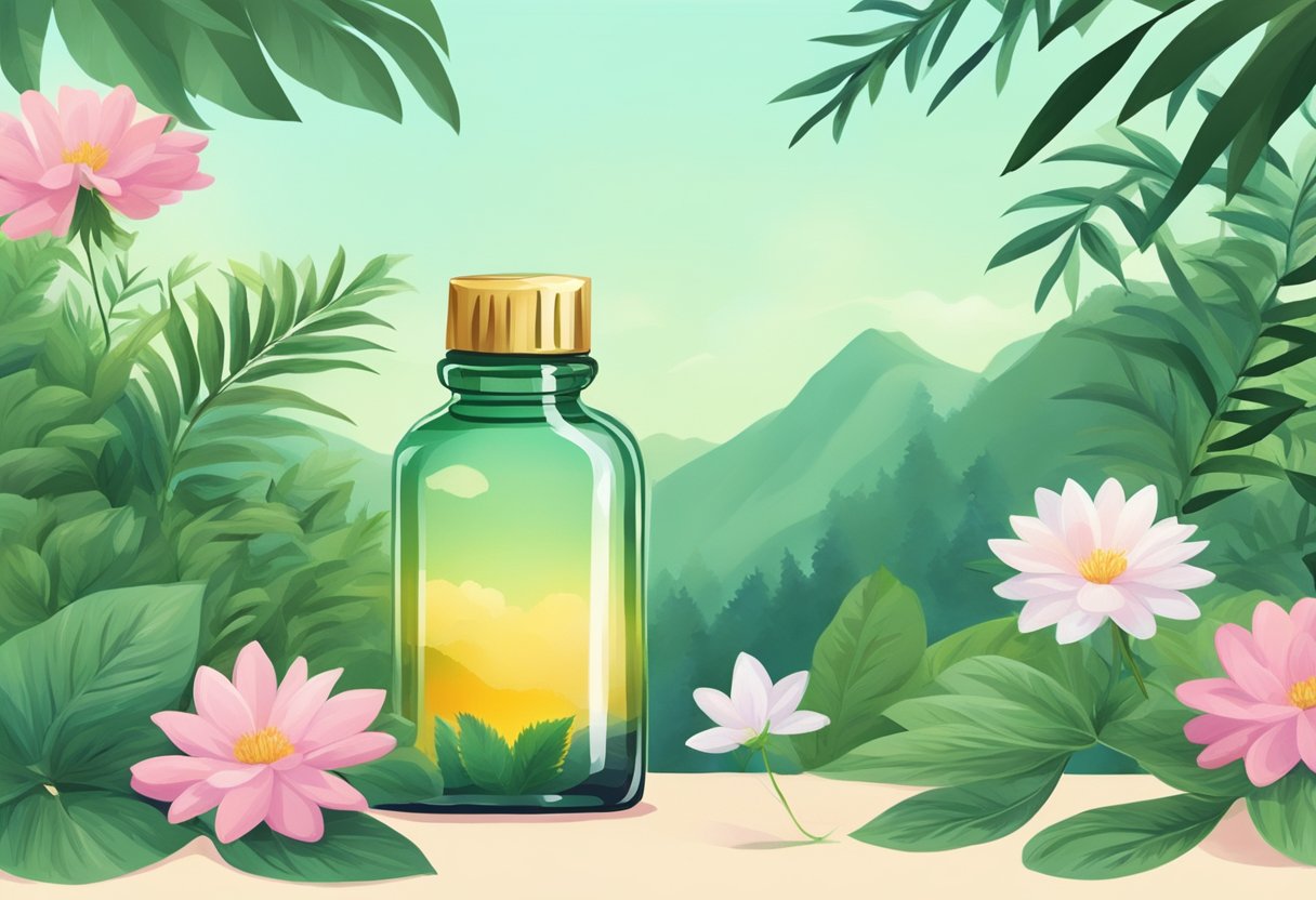 A serene landscape with a bottle of CBD oil surrounded by lush greenery and blooming flowers, with a sense of calm and relaxation in the air