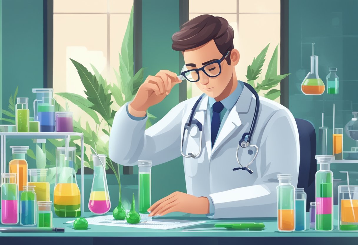 A doctor carefully measuring and mixing CBD drops in a laboratory setting, with medical equipment and research papers in the background