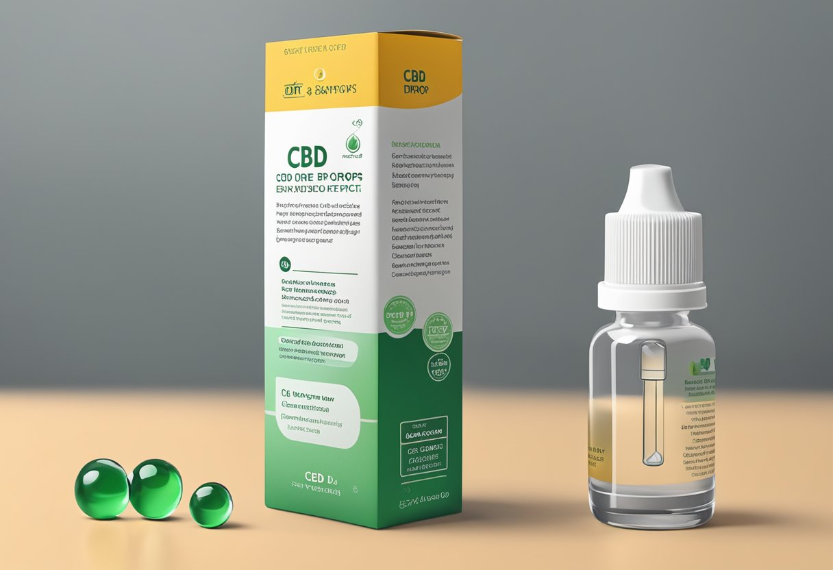 A bottle of CBD drops with safety and side effect information displayed