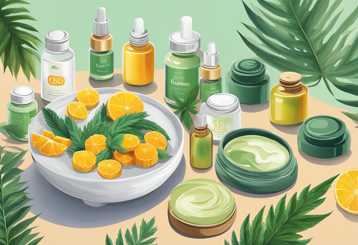 A table with various CBD products displayed, including oils, creams, and gummies. Bright packaging and natural elements create a calming, wellness-focused atmosphere