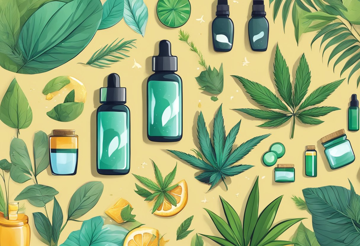 A colorful array of CBD products displayed with a backdrop of natural elements and wellness symbols