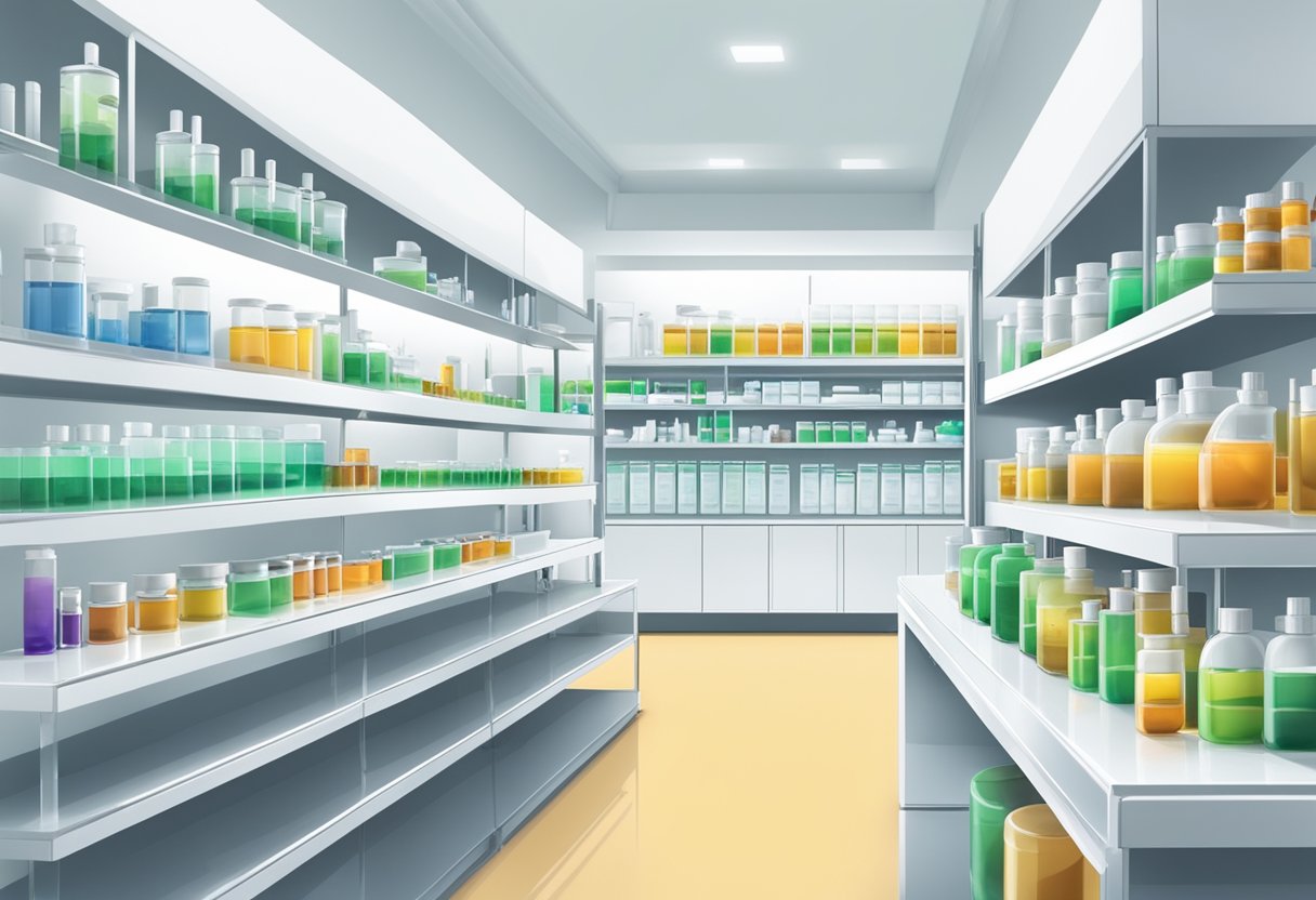 A laboratory setting with CBD products displayed on clean, white shelves, with a focus on safety and quality control measures