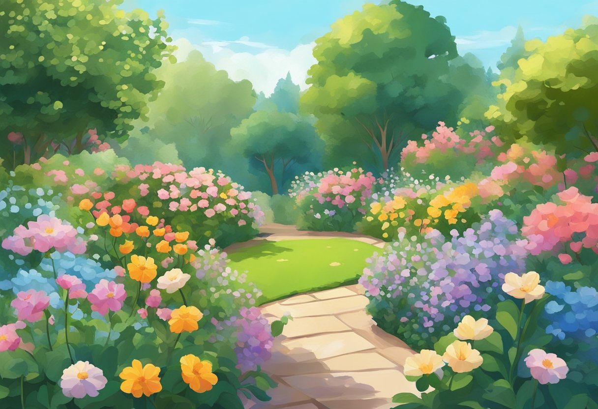 A colorful garden with blooming flowers and greenery, with a clear blue sky and a gentle breeze