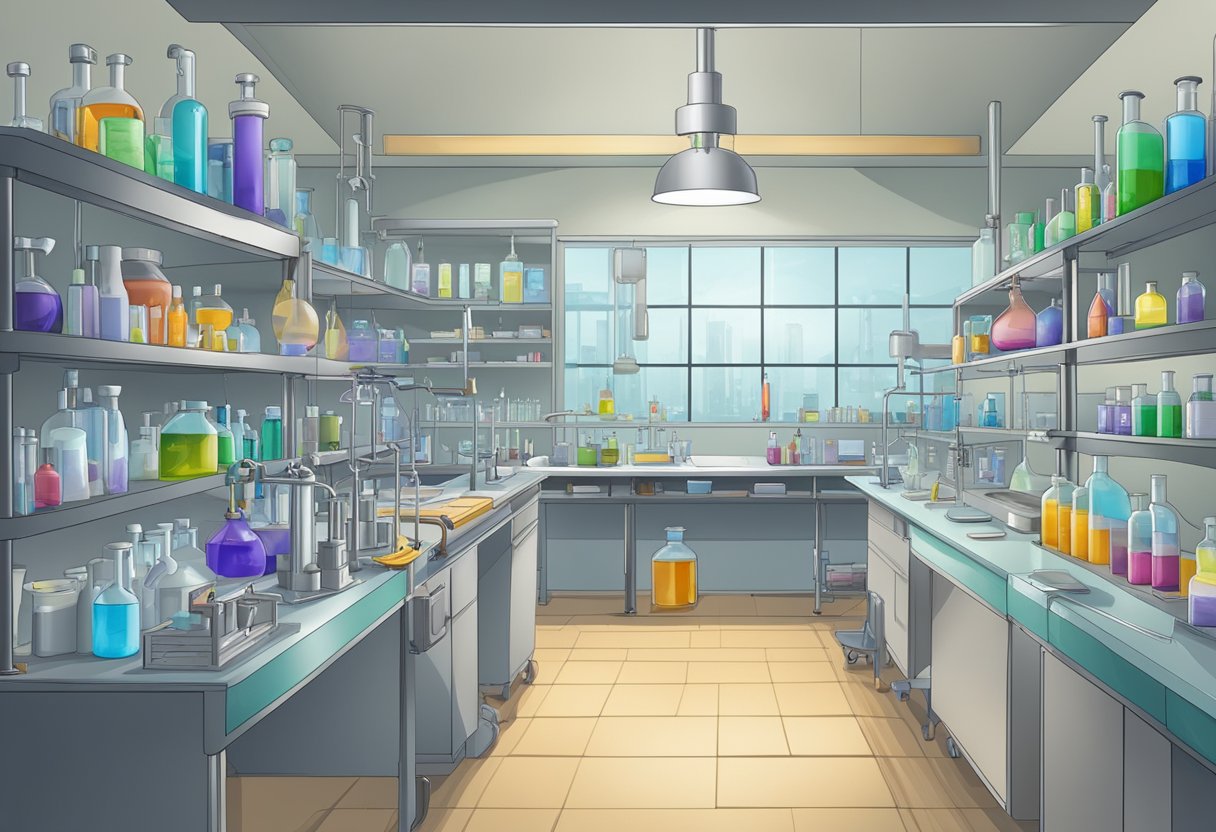 A laboratory setting with various chemicals and equipment, emphasizing safety and potential risks