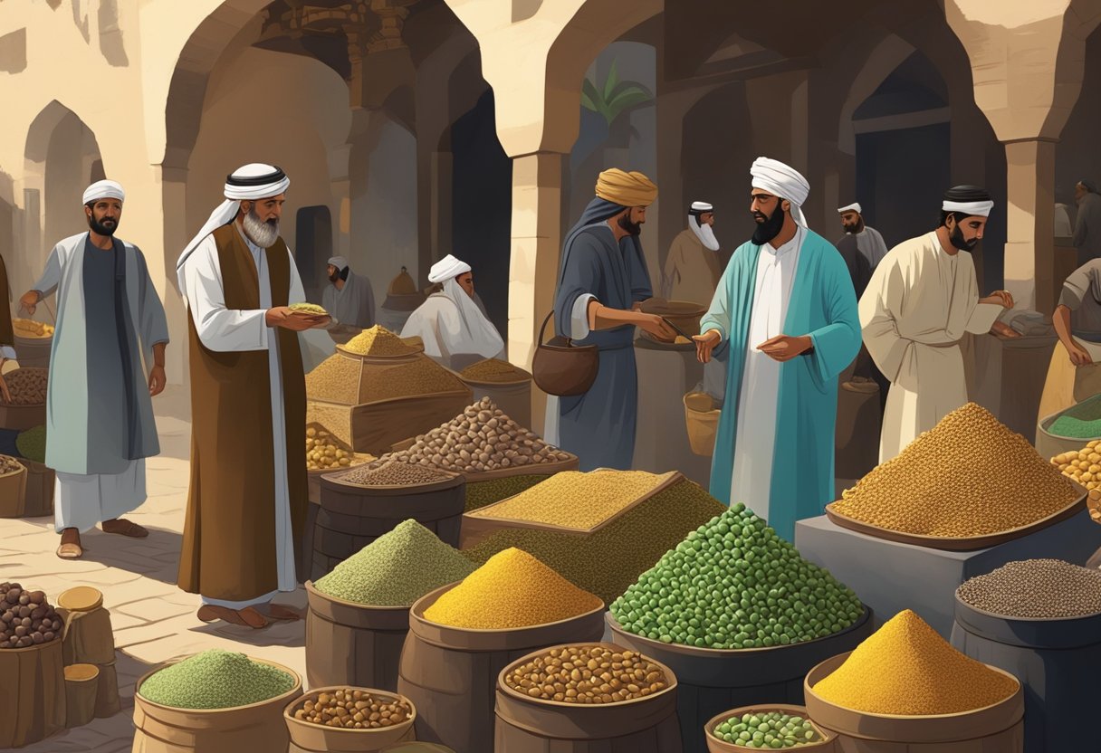 A historical market scene in a Middle Eastern bazaar with merchants selling and trading hashish products