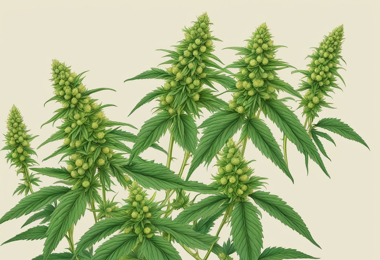 A cannabis plant with resinous buds, leaves, and stems in a natural setting