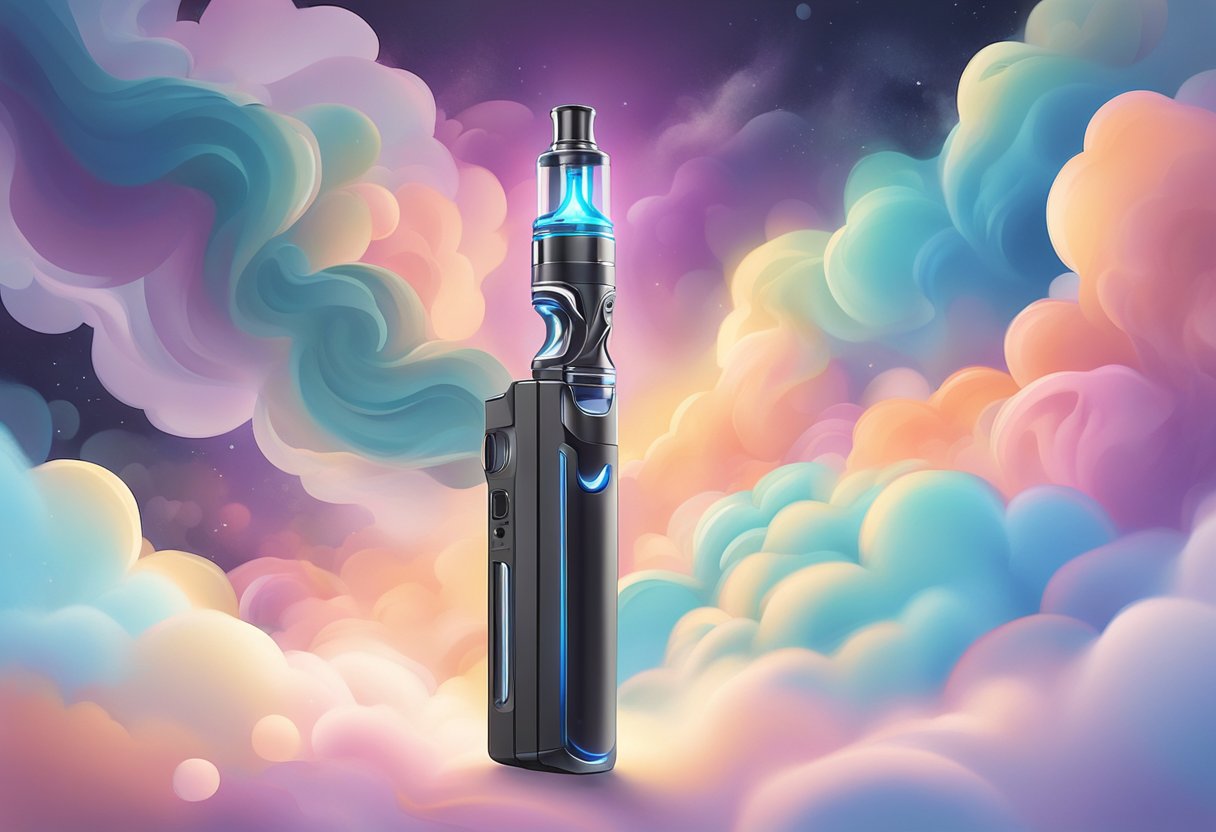 A hand holding a sleek, modern vape pen, surrounded by swirling clouds of vapor