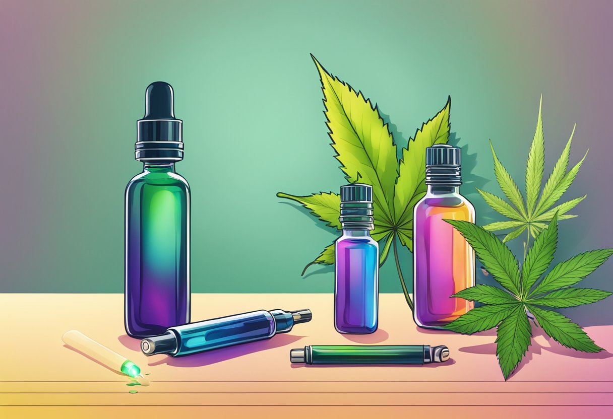 A colorful vape pen emits vapor in front of a CBD oil bottle and a cannabis leaf