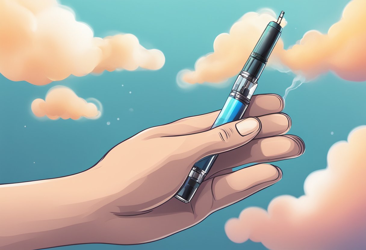A hand holding a CBD vape pen, with vapor rising from the tip