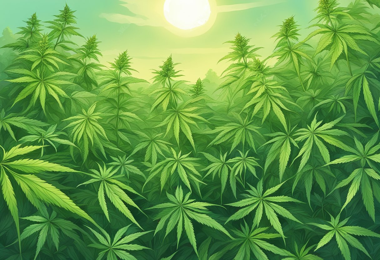 A lush field of CBD hemp plants sways in the gentle breeze, their vibrant green leaves reaching towards the sky