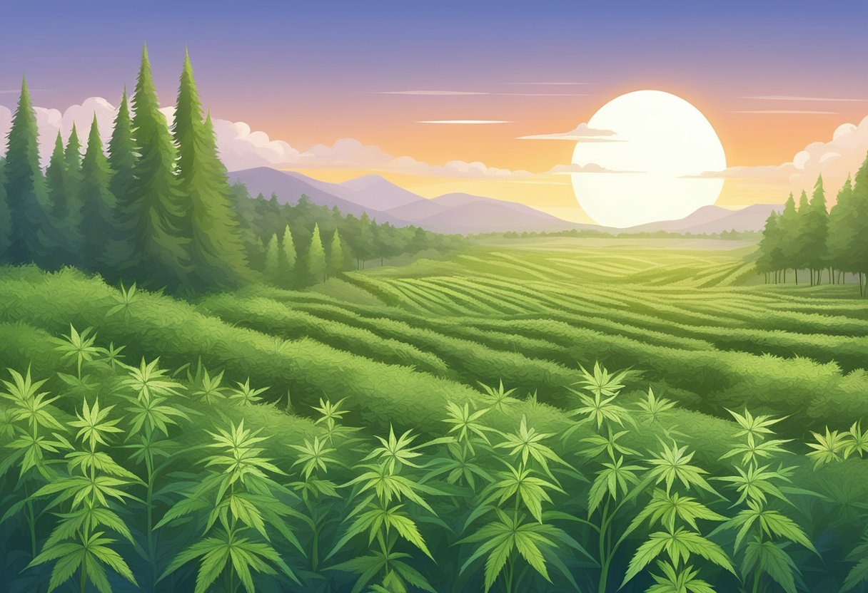 A serene landscape with a field of CBD hemp plants and a sign indicating its legal status