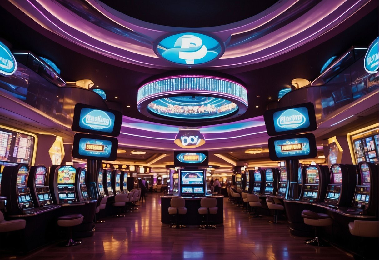 A vibrant, futuristic casino setting with flashing lights and digital displays showcasing the PlayPIX logo and enticing bonus offers