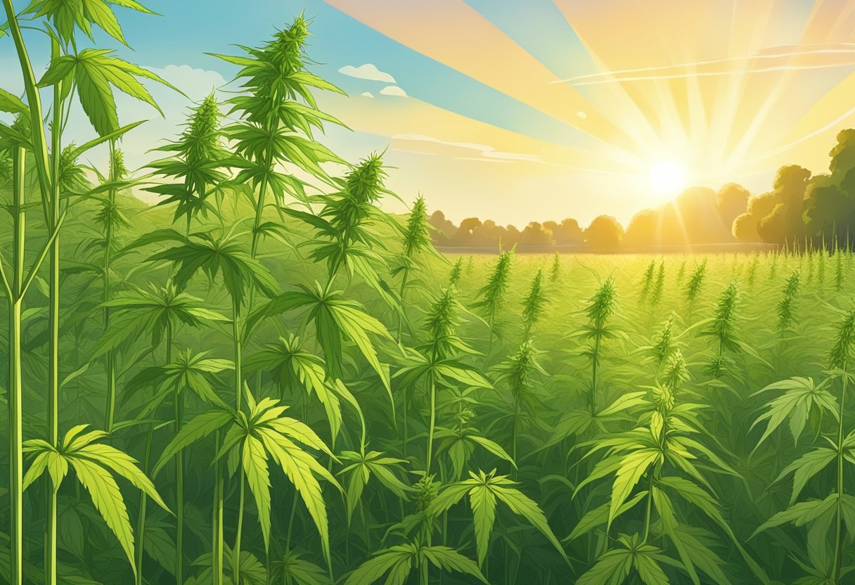 A field of tall, green hemp plants sways in the breeze, with a small manufacturing facility in the background. The sun shines down on the lush crop, highlighting the leaves and flowers