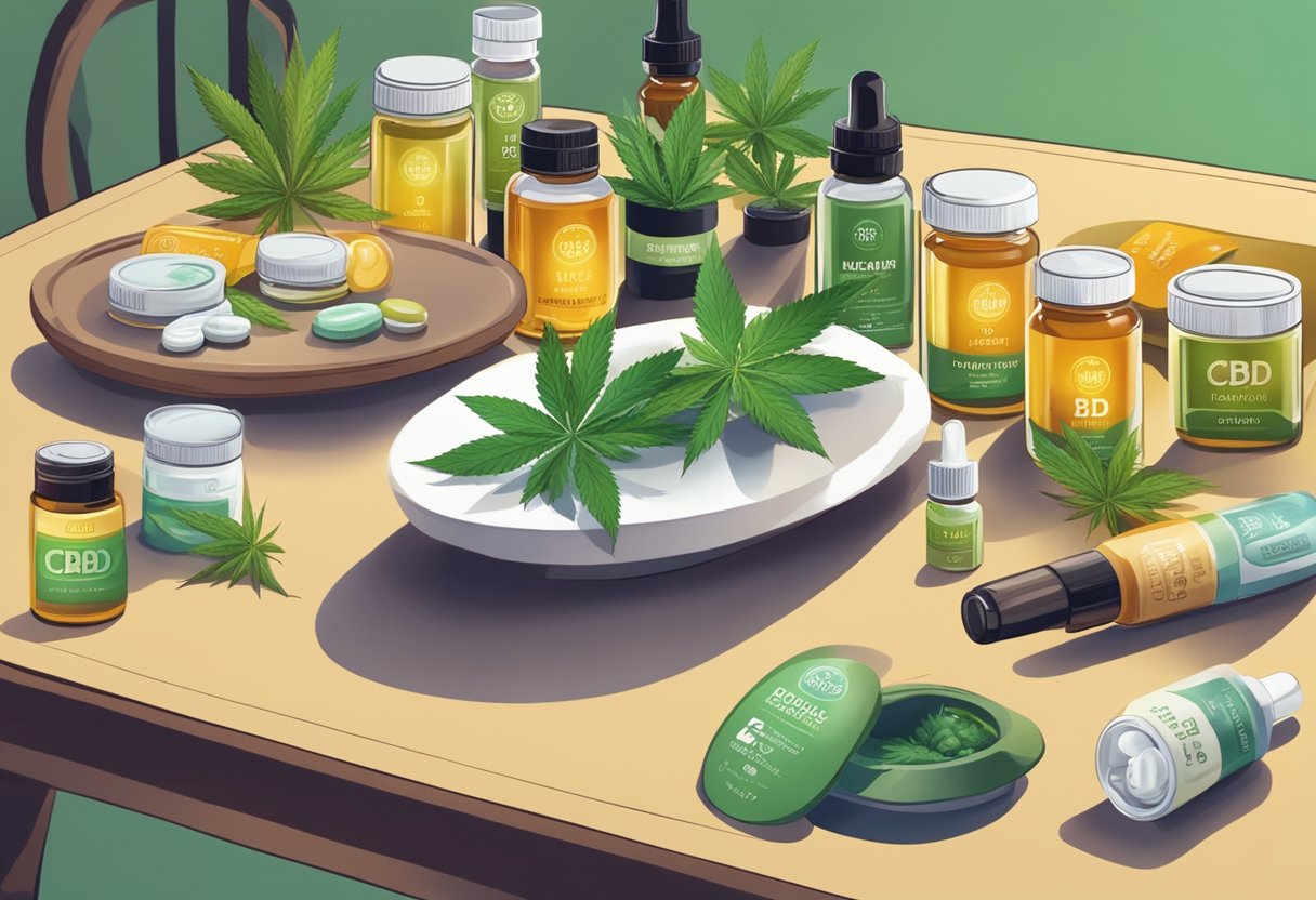 A table with various CBD hemp products displayed, including oils, capsules, and edibles. Bright, natural lighting highlights the products