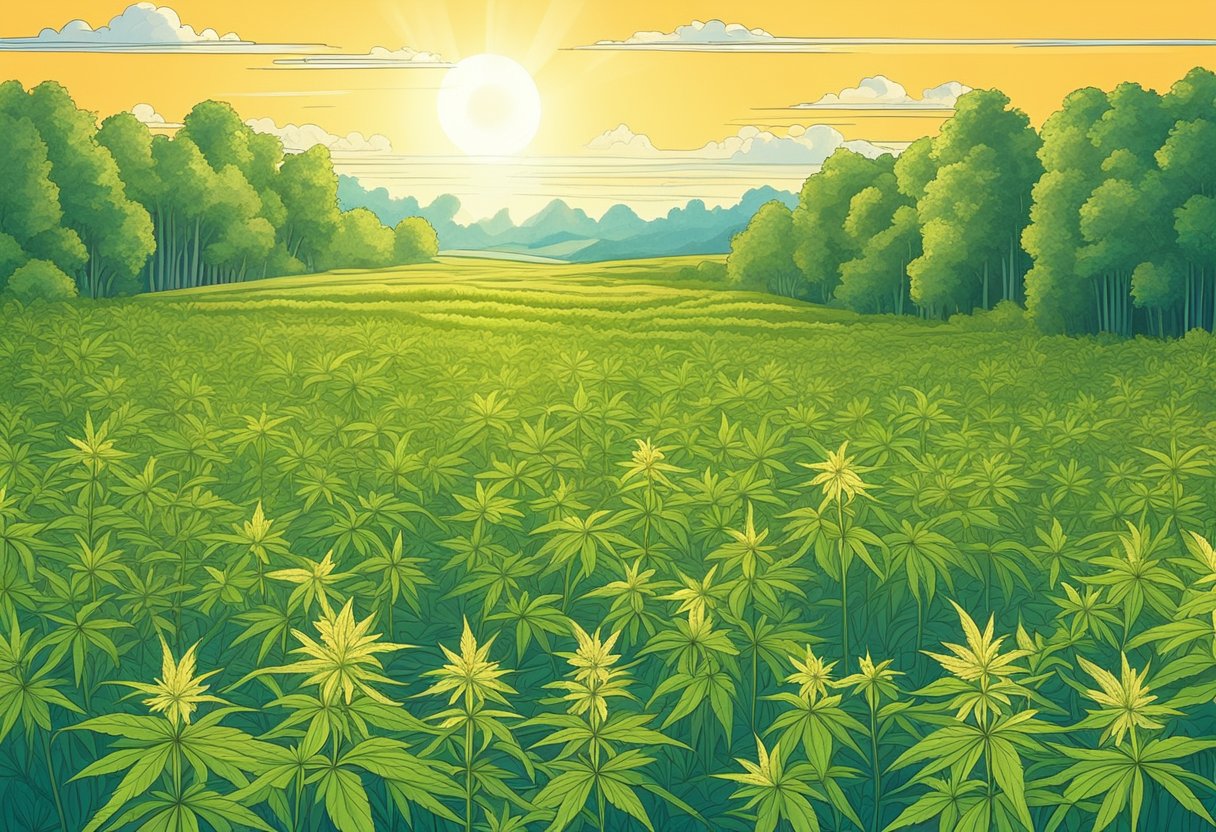 A serene field of blooming CBD hemp plants under a clear blue sky, with the sun casting a warm glow over the lush green leaves