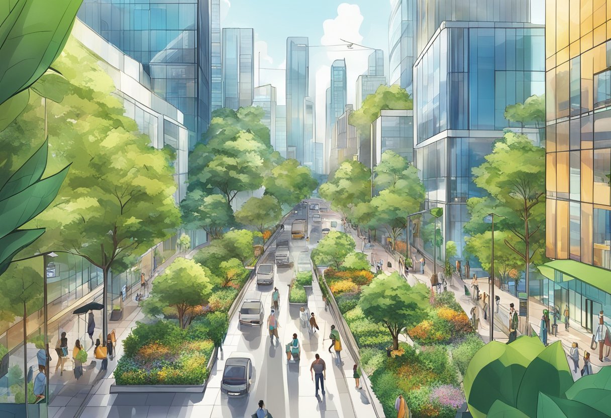 A bustling CBD street with modern buildings and green spaces, showcasing the benefits of CBD oil through vibrant and healthy-looking plant life