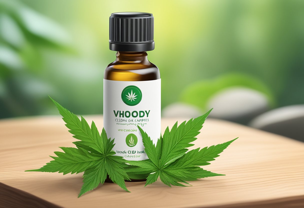 A bottle of CBD drops with a label displaying "Výhody a účinky CBD kapky" sits on a wooden table, surrounded by green leaves and natural light