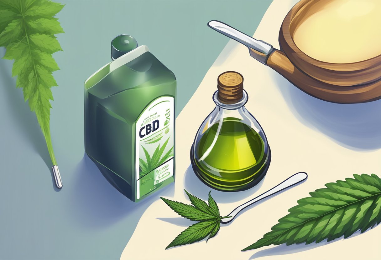 A dropper releasing CBD oil onto a spoon, with a bottle of CBD oil and a cannabis leaf in the background