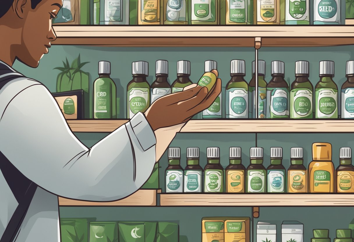 A hand reaches for a bottle of CBD drops on a shelf in a store. The label prominently displays "CBD kapek" as other products blur in the background