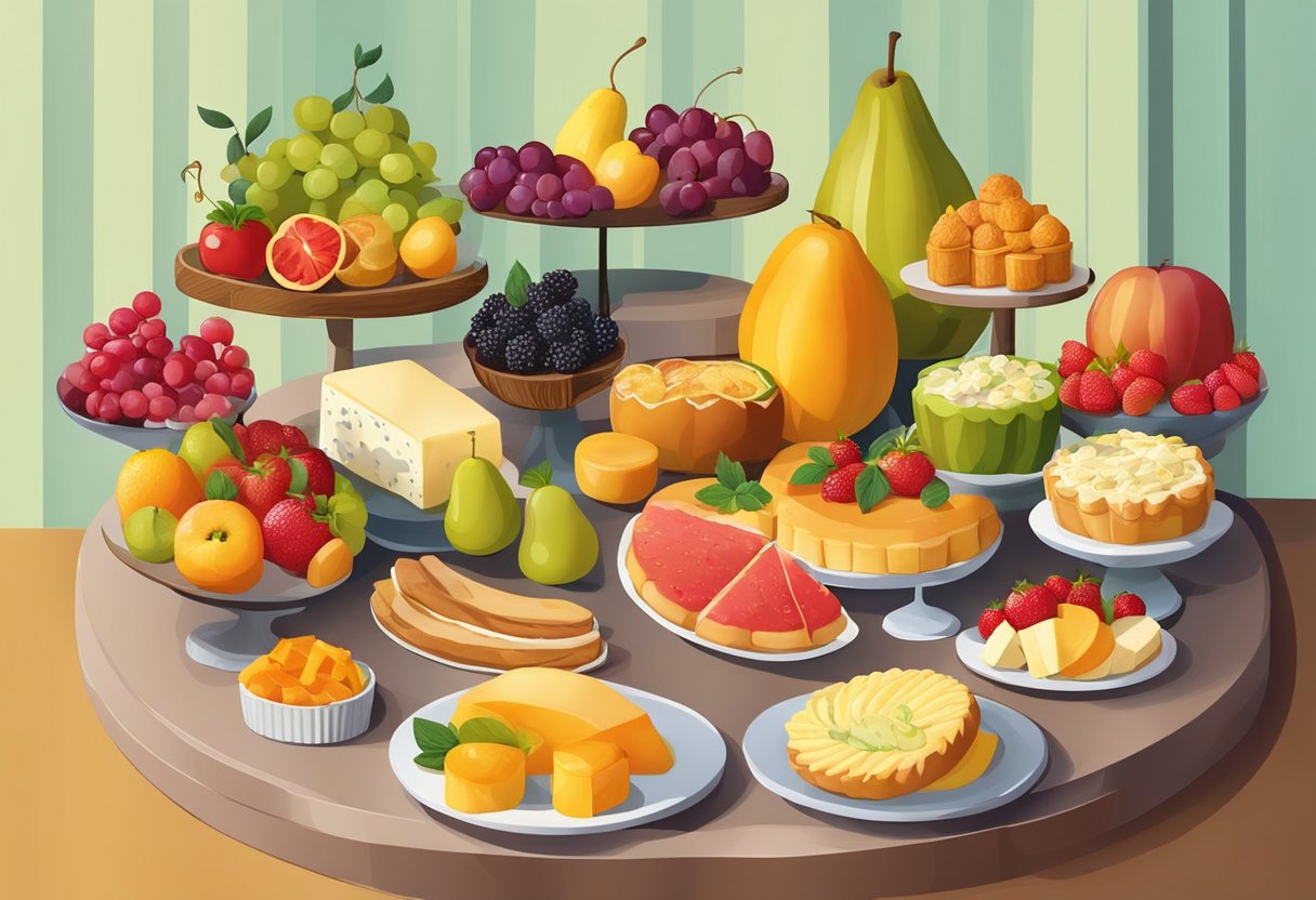 A table covered in a variety of colorful and appetizing edibles, such as fruits, pastries, and cheeses, arranged in an inviting display