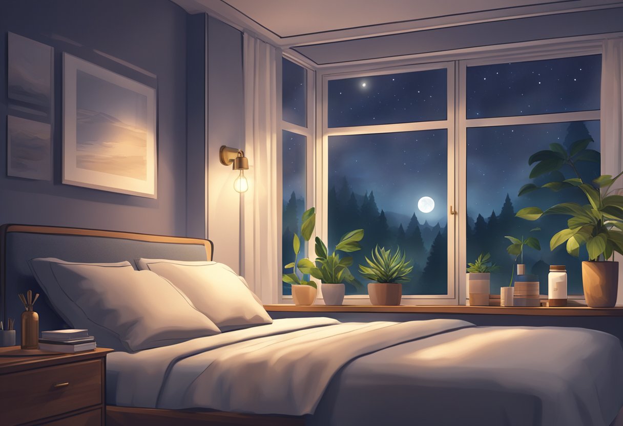A peaceful bedroom with a bottle of CBD oil on the nightstand, soft moonlight filtering through the window, and a calm, relaxed atmosphere conducive to sleep