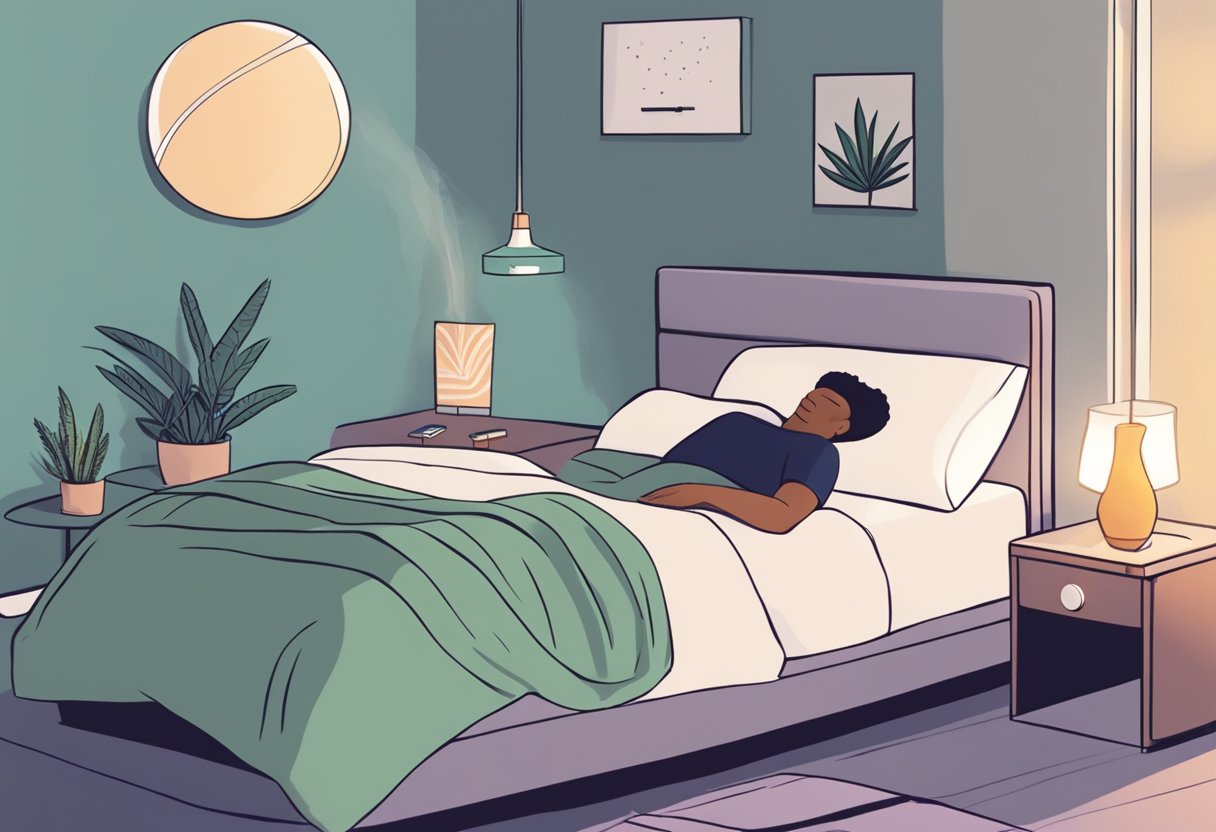 A person peacefully sleeping with a bottle of CBD oil and a diffuser emitting calming scents on a bedside table