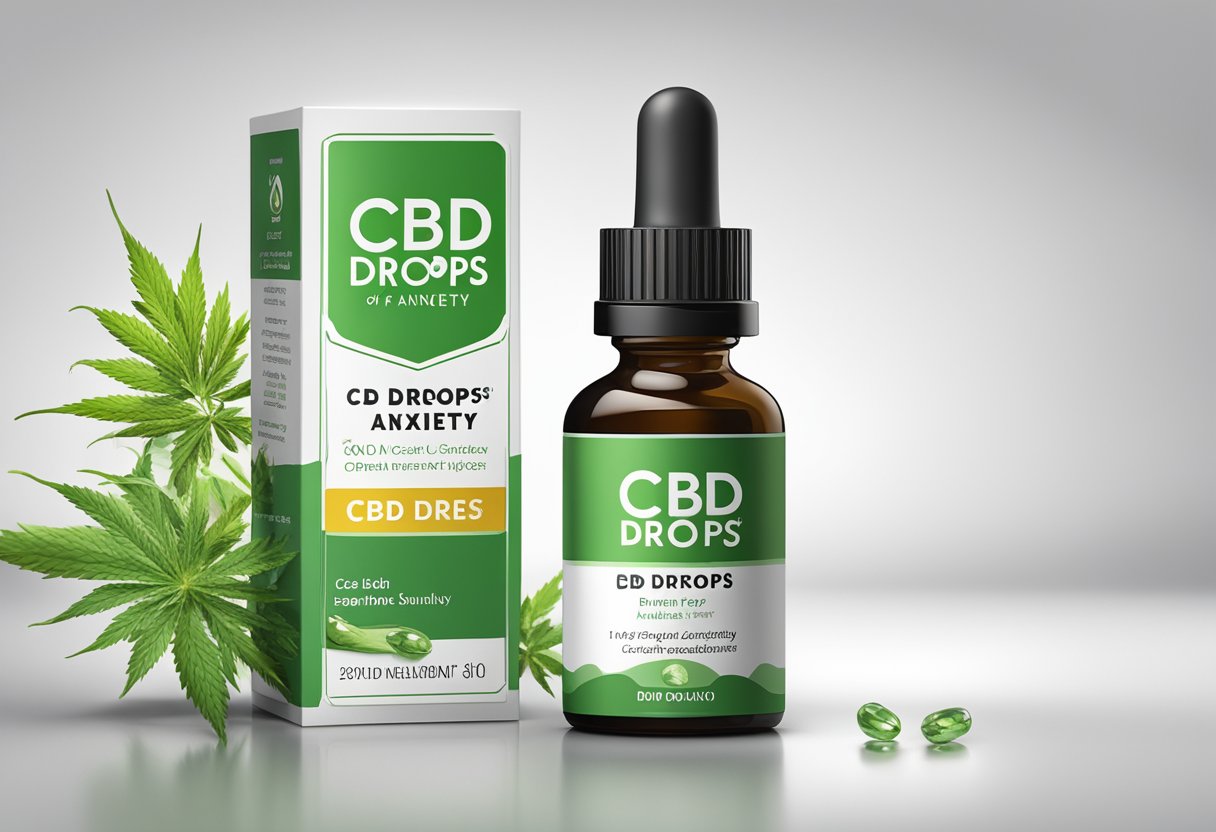 A dropper bottle of CBD oil with the label "CBD drops for anxiety" on a clean, white surface