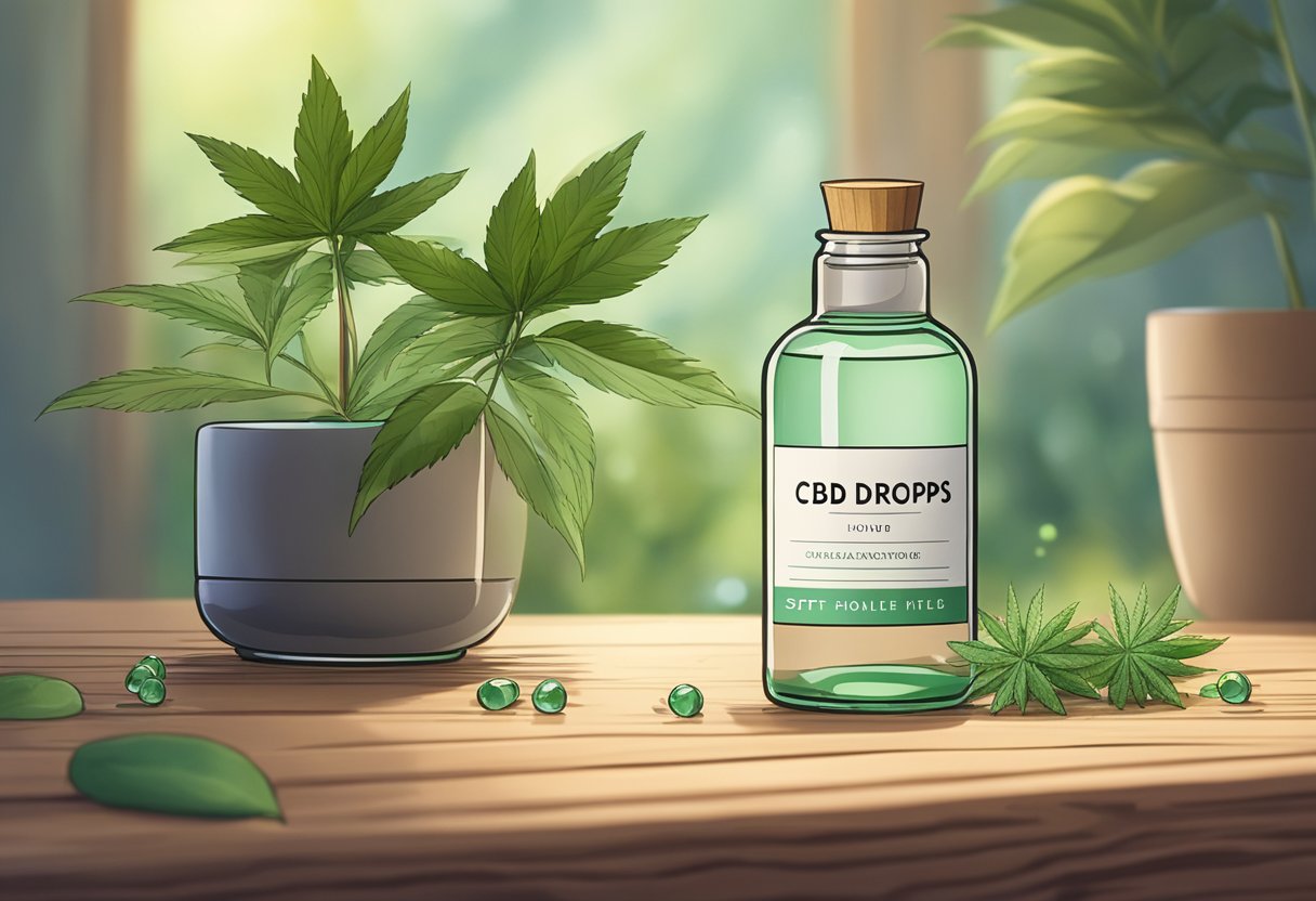 A serene, natural setting with a clear bottle of CBD drops placed on a wooden table, surrounded by calming elements like plants and soft lighting