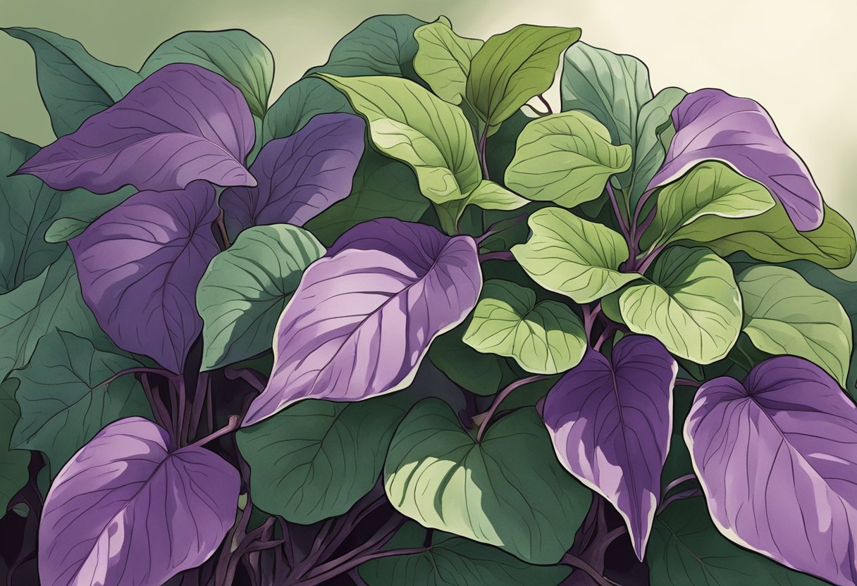 Sweet potato leaves turn deep purple, curling gracefully in the sunlight