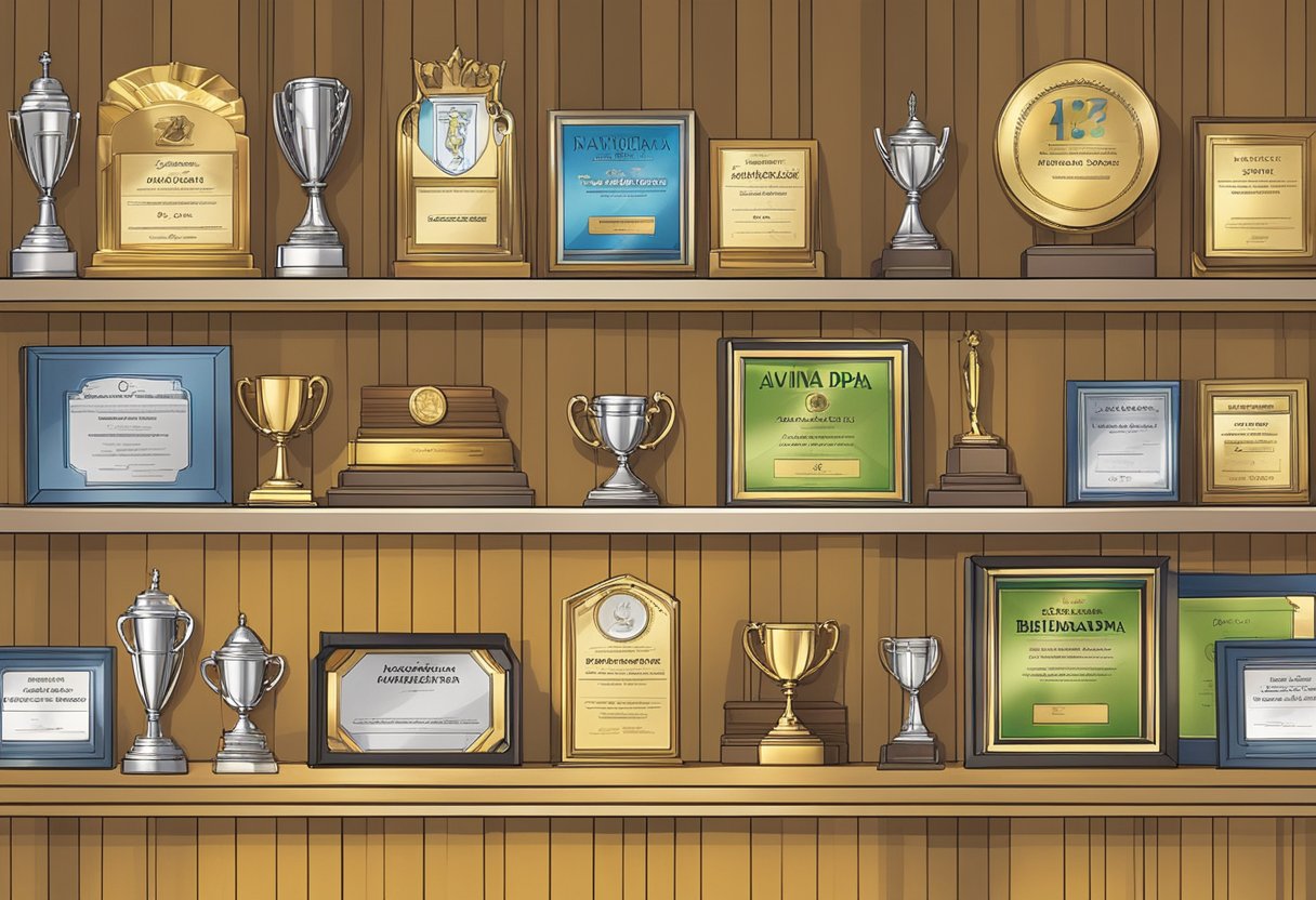 A trophy shelf displays awards and certificates, spotlighted by a beam of light, with a nameplate reading "Aviva Bidapa" prominently featured