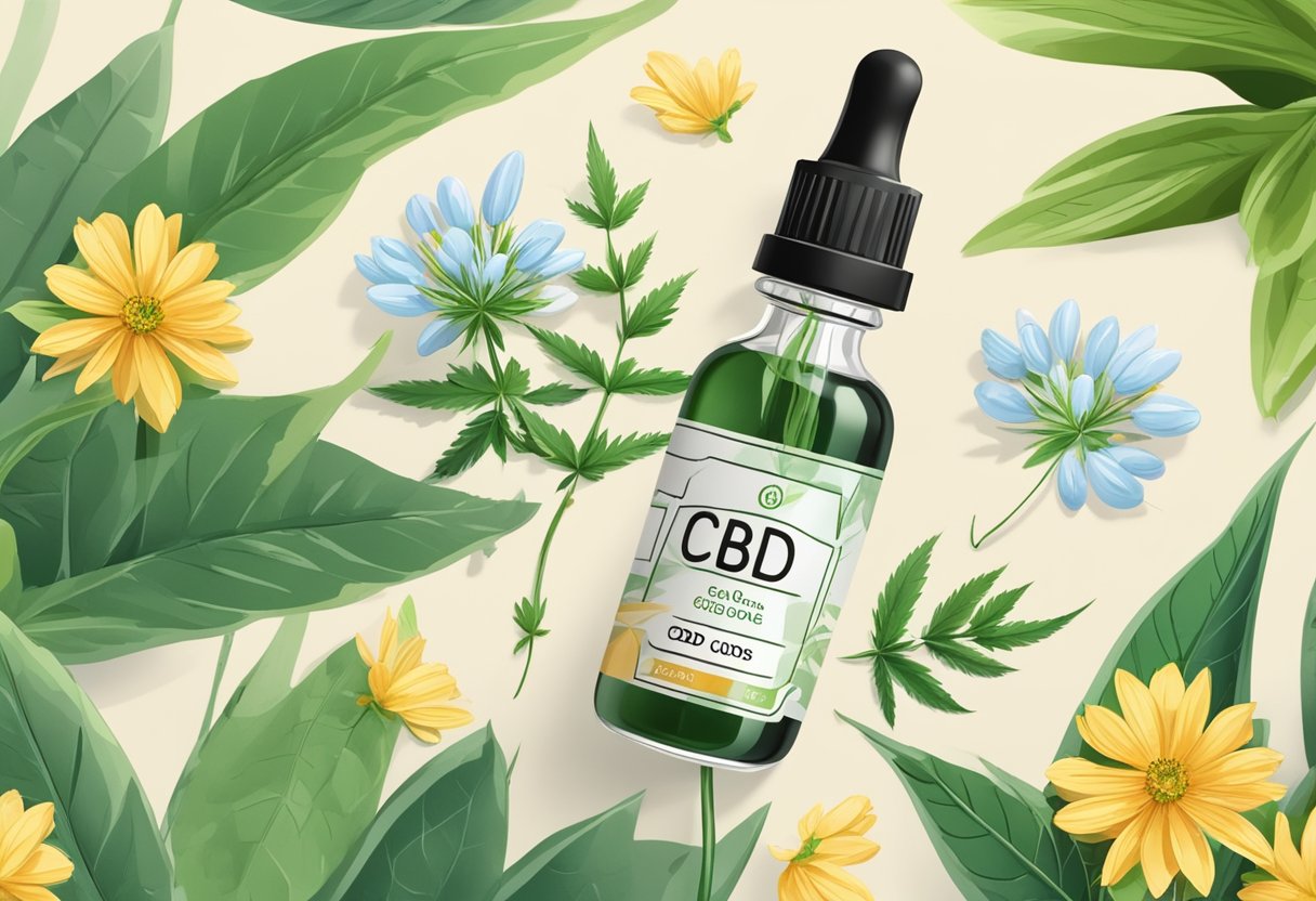 A bottle of CBD drops with a dropper next to it, surrounded by leaves and flowers. The drops are labeled with the CBD concentration and instructions