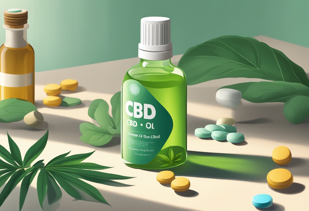 A bottle of CBD oil stands on a table, surrounded by scattered pills and a leafy green plant. The room is dimly lit, casting shadows on the objects