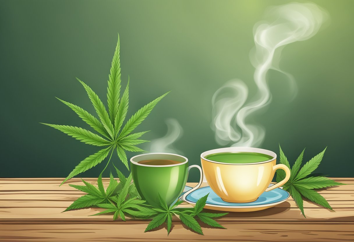 A steaming cup of hemp tea surrounded by green hemp leaves and a teapot on a rustic wooden table
