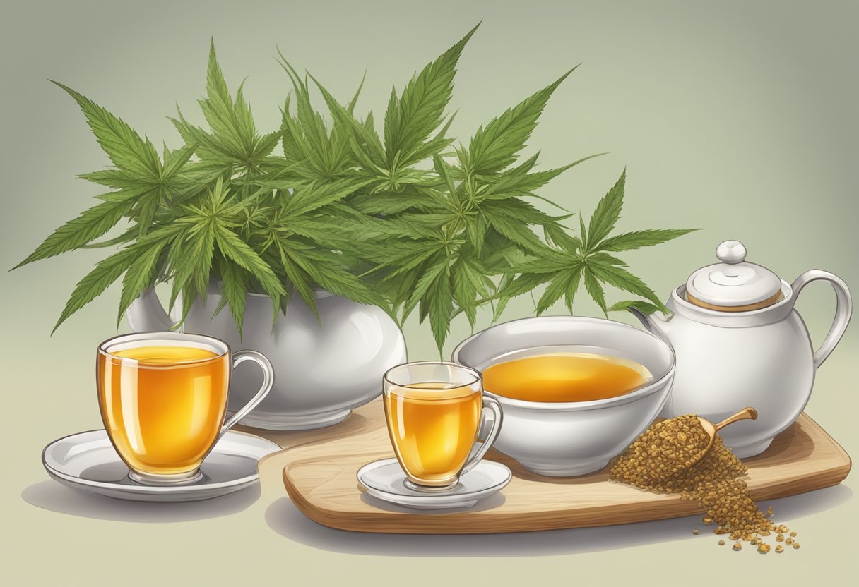 A table set with a steaming cup of hemp tea and a teapot, surrounded by loose hemp leaves and a small dish of honey