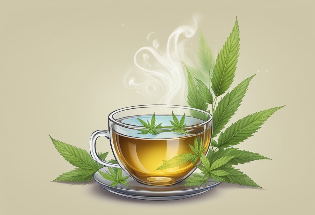 A steaming cup of hemp tea surrounded by fresh hemp leaves and flowers, with a calming and soothing atmosphere