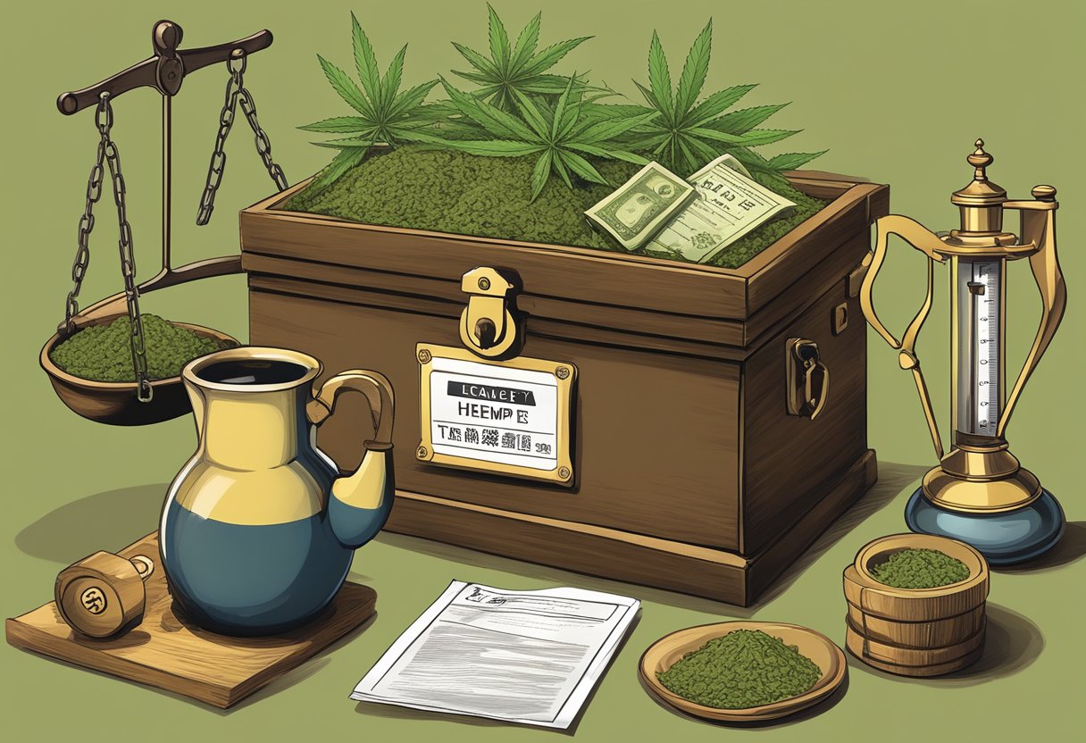 Legal and safety aspects of hemp tea: a scale weighing legal documents, a lock on a tea chest, and a safety warning sign