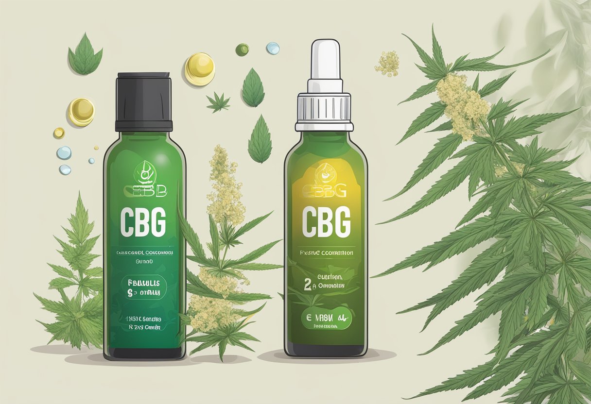 A bottle of CBG oil sits next to CBD and THC. Labels clearly display each compound