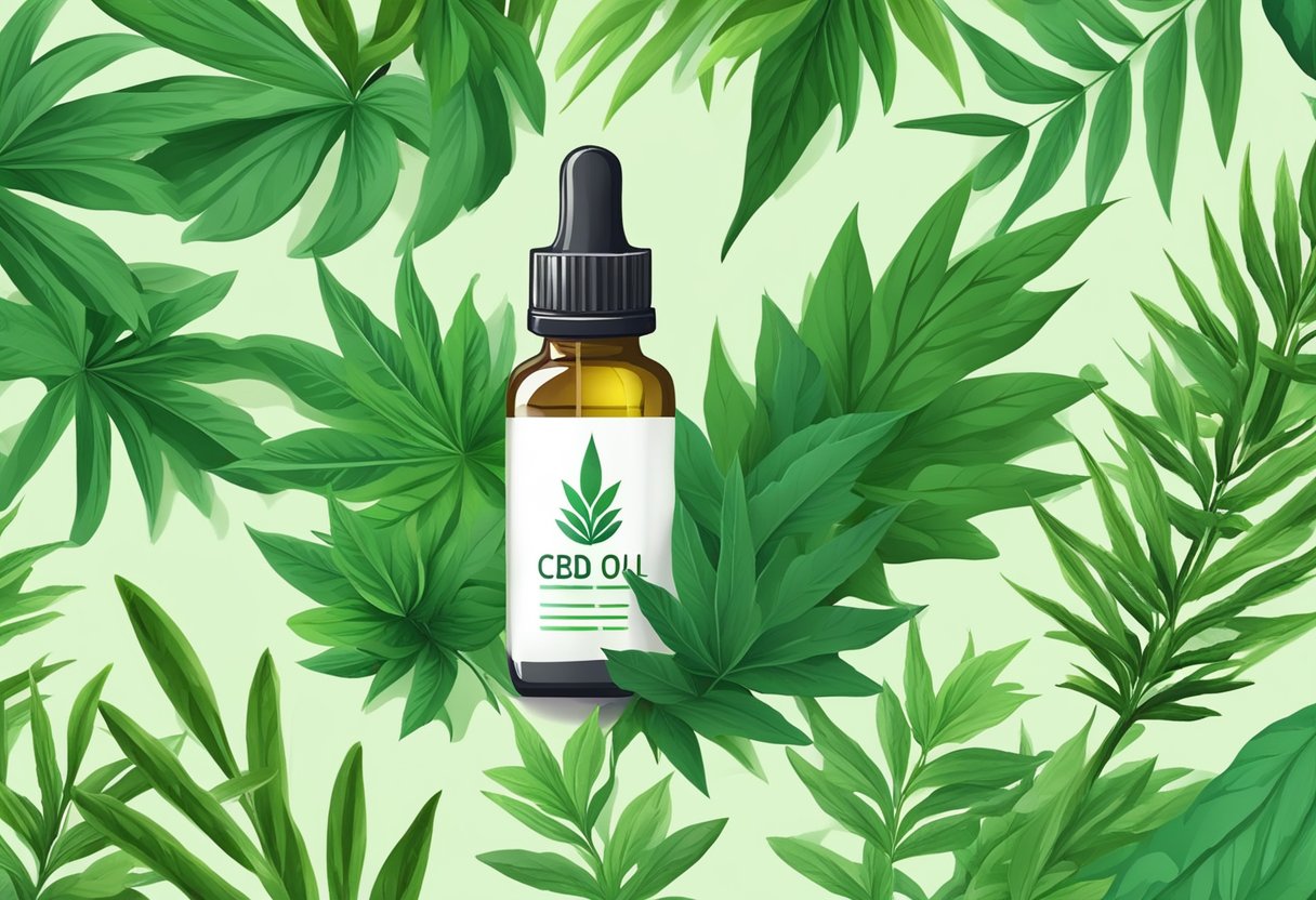 A bottle of CBD oil surrounded by green leaves and a dropper