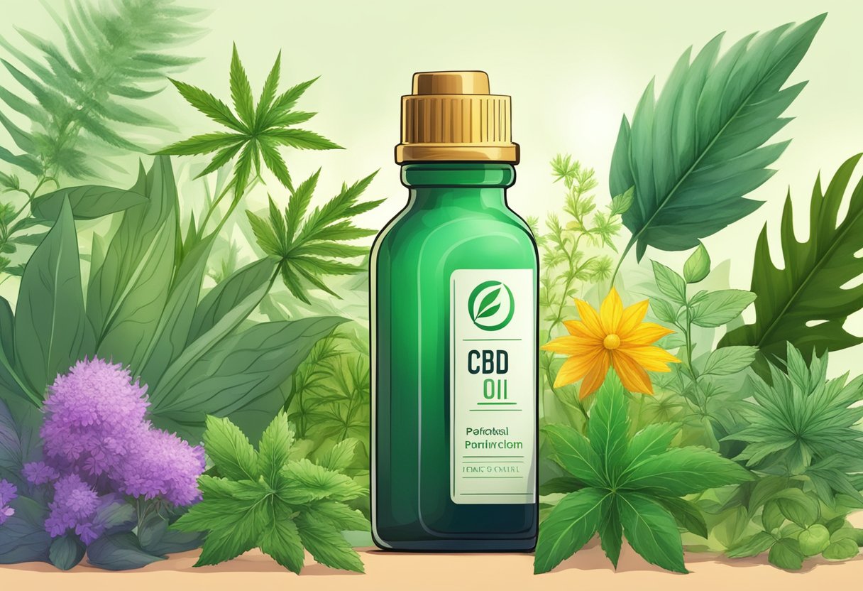 A bottle of CBD oil surrounded by various plants and herbs, with a beam of light shining down on it
