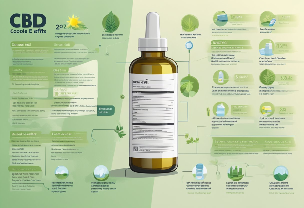 A bottle of CBD oil with a safety label and a list of side effects