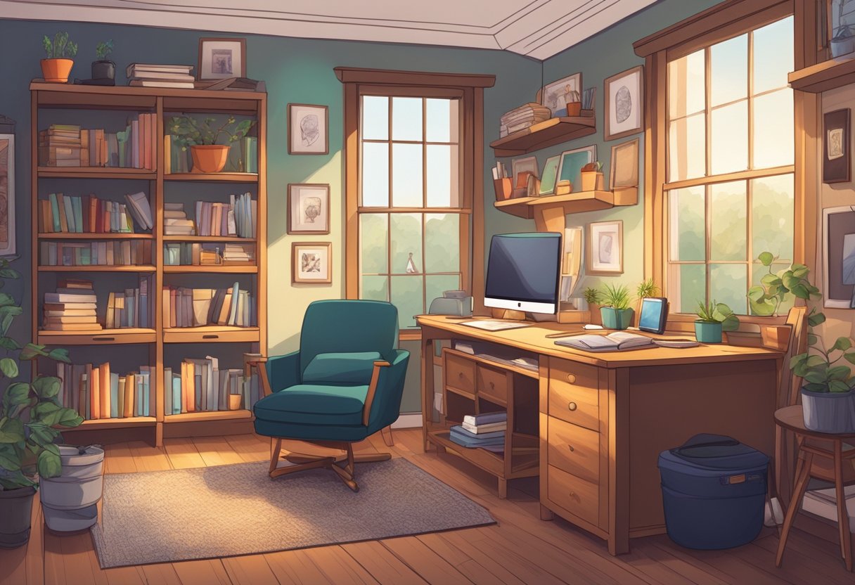 A cozy room with family photos on the wall, a bookshelf filled with academic achievements, and a desk cluttered with art supplies and a laptop