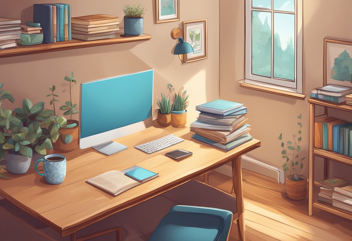 A cozy study room with a desk cluttered with books and papers, a laptop, and a warm cup of tea. A photo frame on the wall shows a smiling family