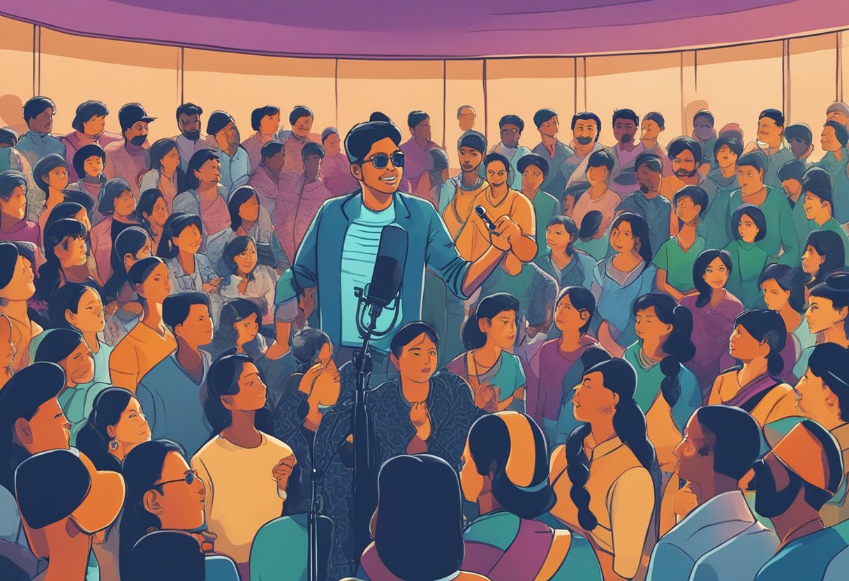 A spotlight shines on a microphone, with a crowd in the background. A poster with Bidipta Chakraborty's name and image is prominently displayed