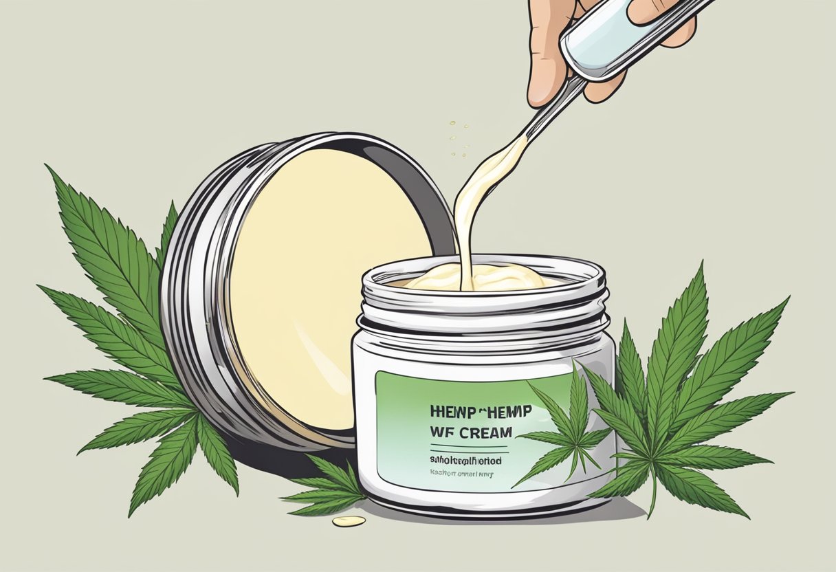 A jar of potent hemp cream being opened, with a soothing aroma wafting out, as the cream is applied to alleviate discomfort