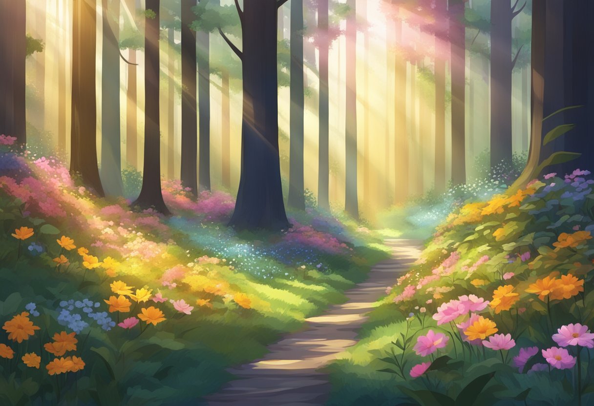 A serene forest with colorful flowers and sunlight streaming through the trees