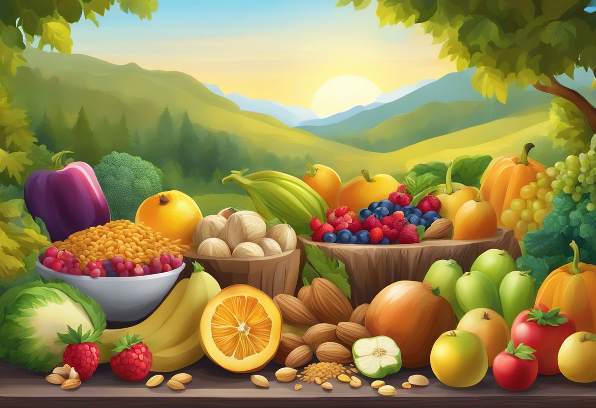 A table filled with colorful fruits, vegetables, nuts, and grains, surrounded by natural scenery and sunlight